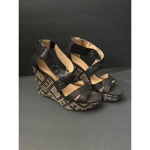 Nine & Co Black Geometric Woven Wedge Sandals Back Zip Platform Heels 8